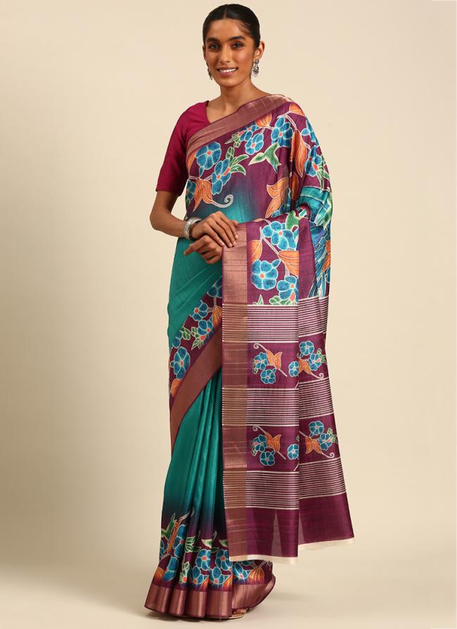 Cotton Teal Casual Wear Printed Saree